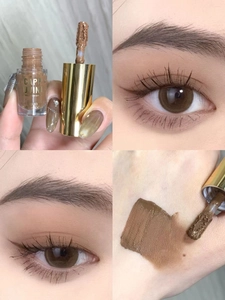 Collage of matte brown liquid eyeshadow showing tube packaging and eye makeup application