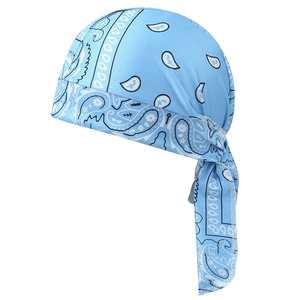 Detailed view of light blue paisley bandana with long tail straps for secure outdoor fit