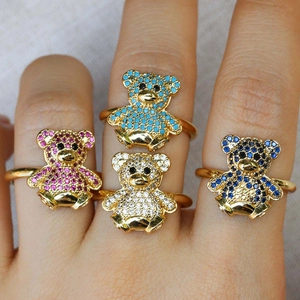 Cute Sitting Bear Open Ring For Women Girls Zirconia Inlaid Gold Plated Adjustable Animal Fashion Finger Ring Jewelry