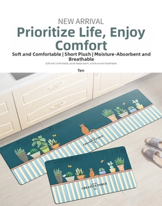 Detail of soft crystal velvet kitchen mat set with green cactus and cat illustrations