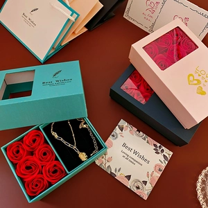 Teal gift box with red soap flowers, golden necklace, matching greeting card and bag