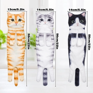 Detailed size specifications for creative cat-shaped hand towels in three patterns