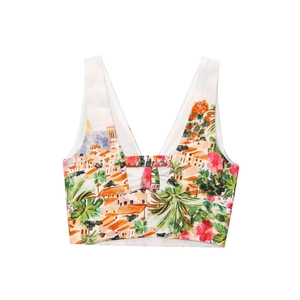 Women's Mediterranean print crop top with V-neck and tropical scenery design