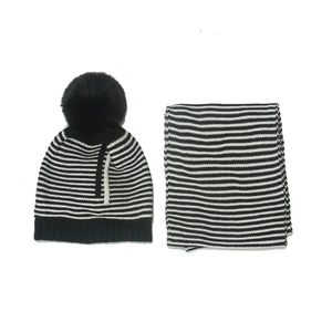 Kids black and white striped knit beanie with pompom and matching scarf set