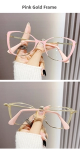Detail of pink gold cat-eye metal glasses frame with clear lenses and slim temples