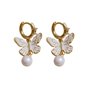 Orecchini vintage a farfalla placcati oro con zirconi e perle bianche tonde