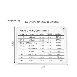 Detailed measurement conversion chart for stainless steel measuring cups and spoons set