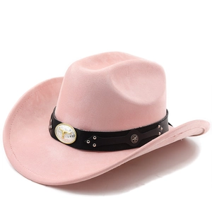 Detailed close-up of pink suede cowboy hat featuring a silver bull head emblem on black band