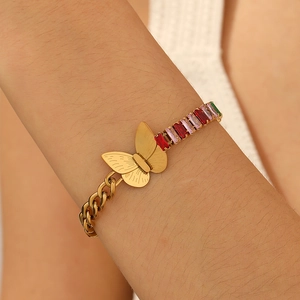 Bracelet En Acier Inoxydable Plaqué Or Papillon Zircone Cubique Rectangulaire Multicolore Bijoux Tendance Femmes