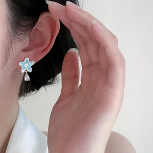 Detailaufnahme von silbernen Sternohrringen mit blauem Opal und Tropfenkristall