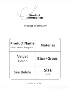 Detailed table showing specifications for velvet mini heart-shaped jewelry ring boxes