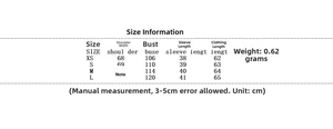 Size chart for casual lapel tweed jacket with XS to L measurements in centimeters