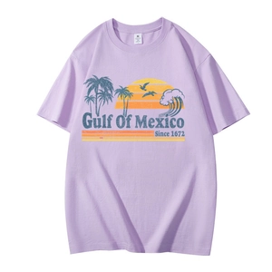 Close-up of retro Gulf of Mexico graphic print on a soft purple cotton T-shirt