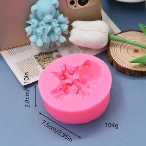 Pink silicone flower bear mold for candle making with dimensions shown for scale