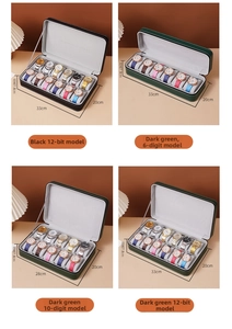 Detailed size comparison of black and green leather watch storage boxes with dimensions