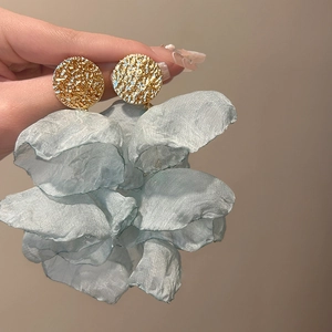 Chiffon Flower Dangle Earrings With 925 Sterling Silver Earring Post Hammered Alloy Circle Pleated Petals Sweet Jewelry