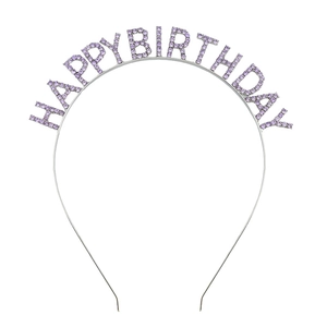 Detail of happy birthday headband with sparkling purple rhinestones on a metal band