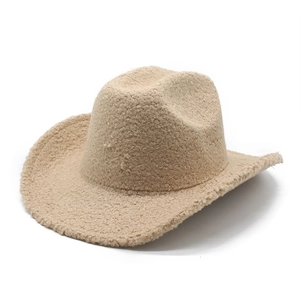 Close-up of the fuzzy lamb wool texture on this beige Western-style cowboy hat