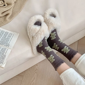 Cosy dark grey coral fleece mid-calf socks with bear patterns and plush slippers