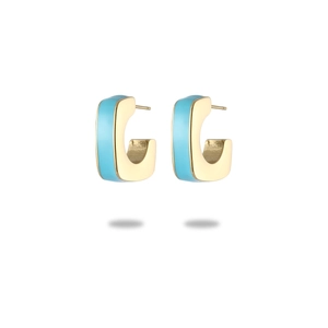 Fashionable sky blue enamel C-shaped 18K gold plated stainless steel hoop earrings