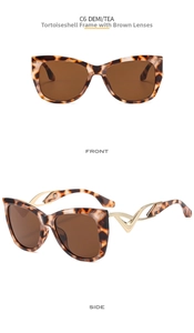 Vorder- und Seitenansicht der Katzenaugen-Sonnenbrille mit Schildpatt-Rahmen