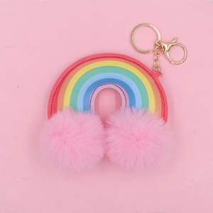 Colorful rainbow leather keychain with pink pom poms and gold metal ring for bags