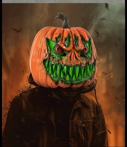 Creepy Halloween pumpkin mask with green fangs and red eyes on model in dark smoke