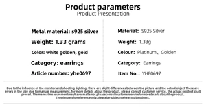 Specifications chart for S925 silver bow earrings showing weight and metal types