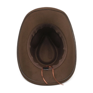 Detail of brown wool cowboy hat interior with sweatband and adjustable drawstring