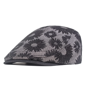Béret en denim jacquard marguerite gris foncé avec motif floral pour femme