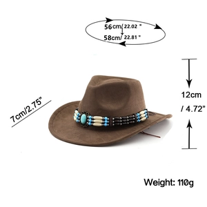 Detailed size guide of brown suede cowboy hat with turquoise bead band and dimensions