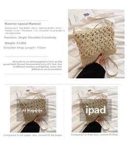 Size comparison of a beige hollow flower straw bag with A4 paper and an iPad mini