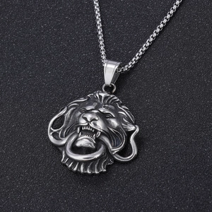 Punk style 3D lion head pendant necklace in vintage silver finish with durable box chain