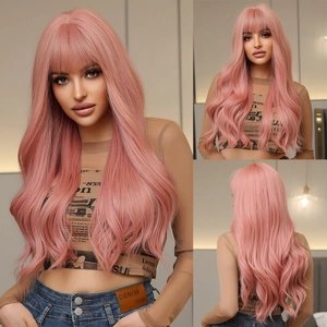 Long wavy pink synthetic wig with flat bangs shown in front, side, and back views