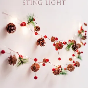 Christmas String Lights With Pine Cones Red Berries Pine Needles And Bells LED Warm White Fairy Lights Home Decor