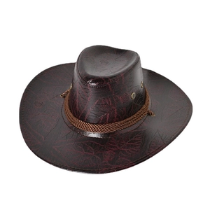 Cappello da cowboy rosso vino in ecopelle con goffratura a foglie e corda intrecciata