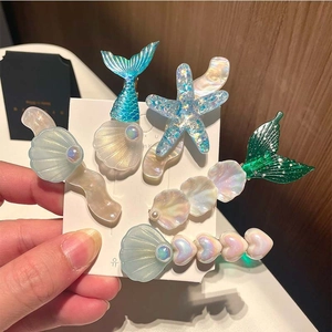 5-piece iridescent mermaid tail starfish and seashell hair clip set for girls