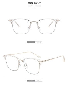 Front and 45-degree side views of transparent semi-rimless glasses with gold metal accents