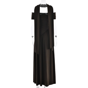 Detail of elegant black strapless maxi dress with matching floating scarf on mannequin