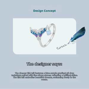 Detail showing S925 sterling silver mermaid tail ring with blue enamel and zircon inlay