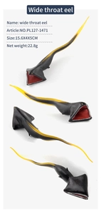 Realistic black gulper eel ocean creature model with yellow stripes and red mouth details