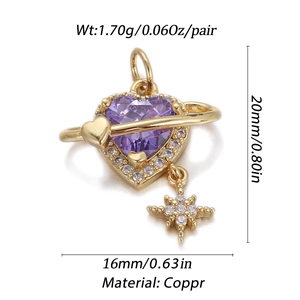 Macro shot of purple heart zircon pendant with gold-plated copper and size dimensions