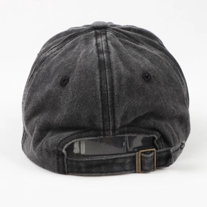 Distressed black cotton baseball cap with vintage metal buckle and heart embroidery