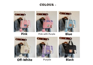 Collage of JK style canvas bags with heart windows and plush bear charms in six colors