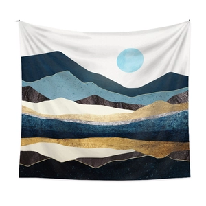 Detailed texture of abstract mountain landscape tapestry in navy blue and gold