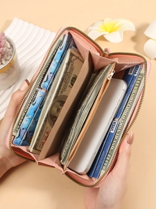 Pink lychee texture long zipper wallet for women with multi-card slots and coin pocket