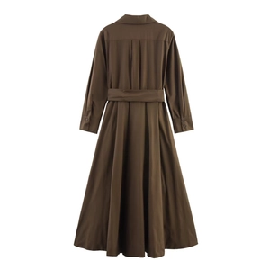 Back view of a long dark brown poplin shirt dress featuring a waist belt and maxi hem