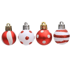 Set of 24 red and white 3cm Christmas baubles with glitter patterns for tree decoration