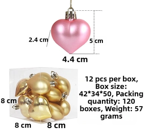 Specifications of 12pcs matte heart Christmas ornaments in 5cm size with box details