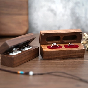 Elegant black walnut wood double ring box with soft velvet lining for wedding jewelry